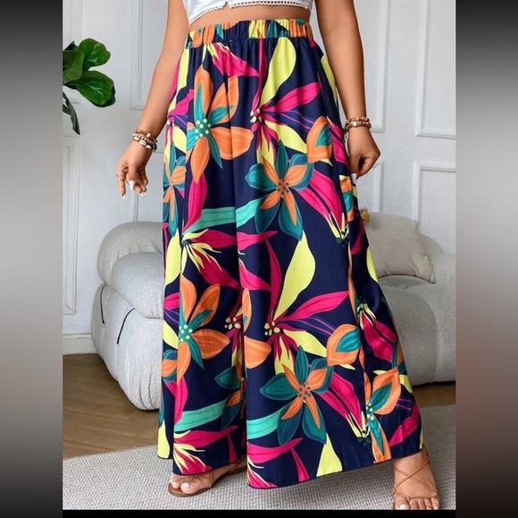 Boho Plus Size Floral Tropical Print Wide Leg Palazzo Pants - Picture 6 of 7